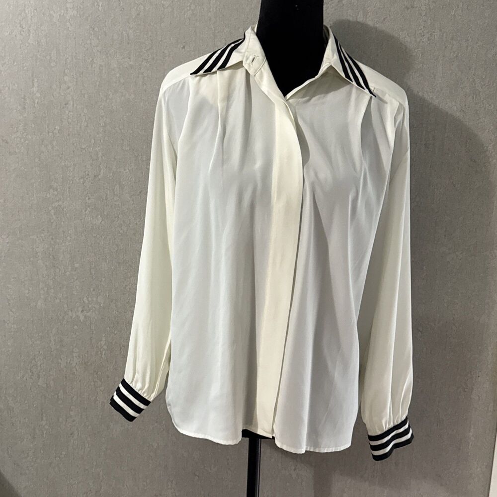 Vtg 80s Lilli Ann Blouse Striped Collar Cuff Cream Union Made ILGWU Career